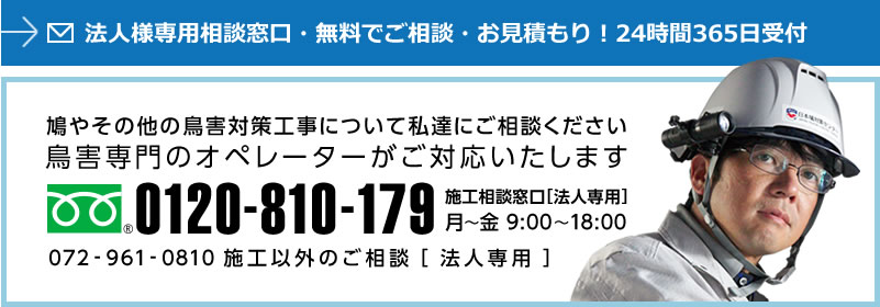 鳩のことで困ったら、どんな些細なことでもご相談ください。鳩対策専門の女性オペレーターがご対応します。0120-810-179 全国ネットワーク総合受付フリーダイヤル 電話受付時間 9:00～18:00 定休日 土・日・祝祭日