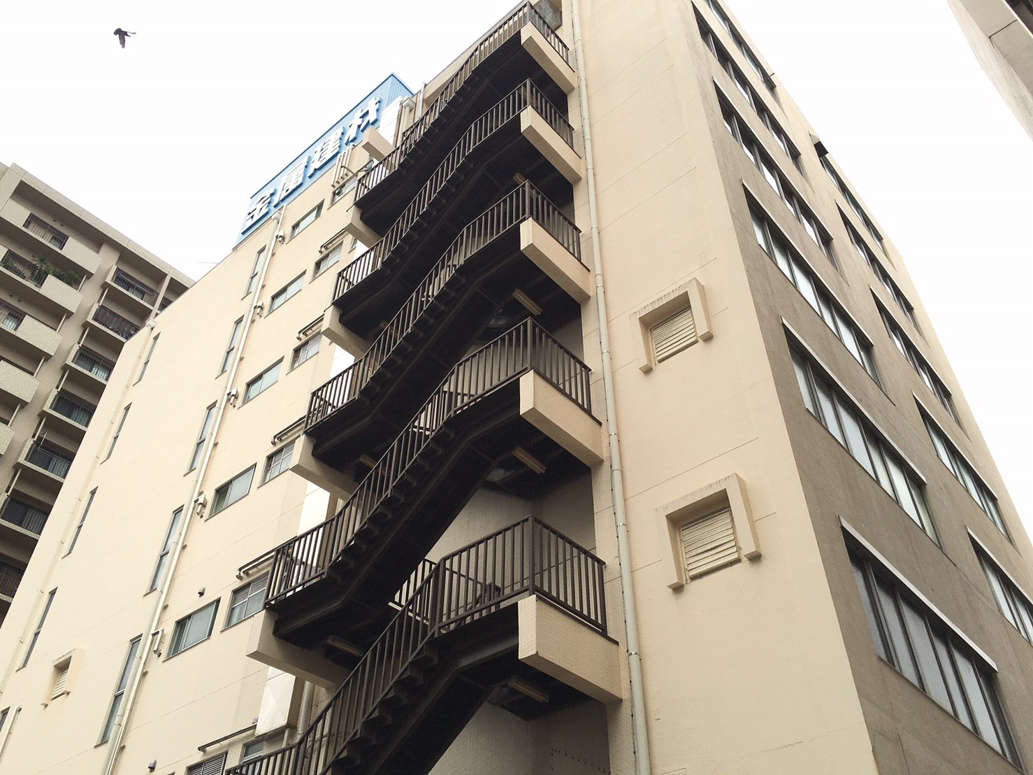 東京都江東区　ビル非常階段に鳩が巣作りをし糞害、ネット施工で対策。