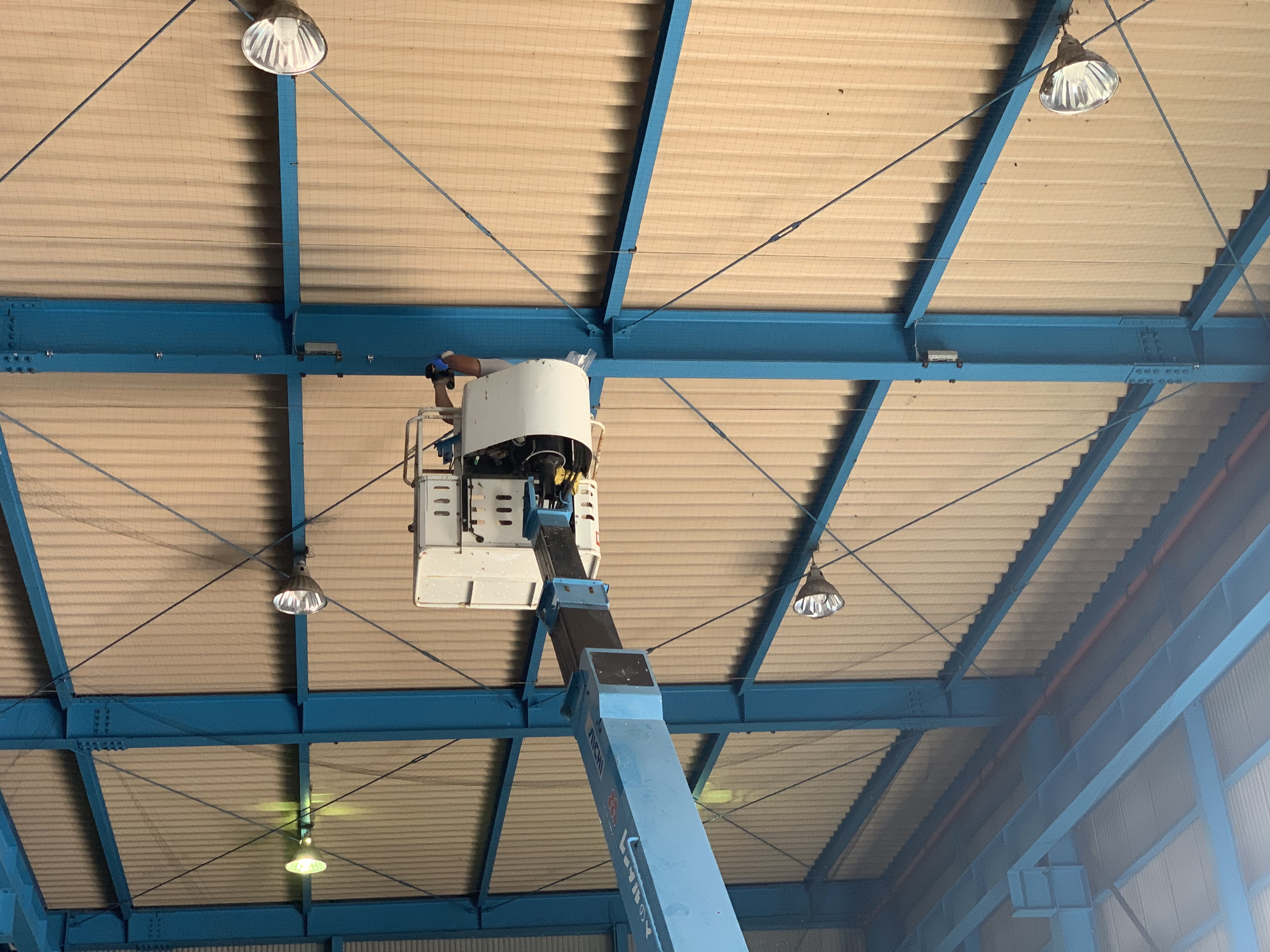 三重県亀山市　某会社倉庫　倉庫内上部に鳩が巣を作って倉庫内に多量の糞　防鳥ネットで対策