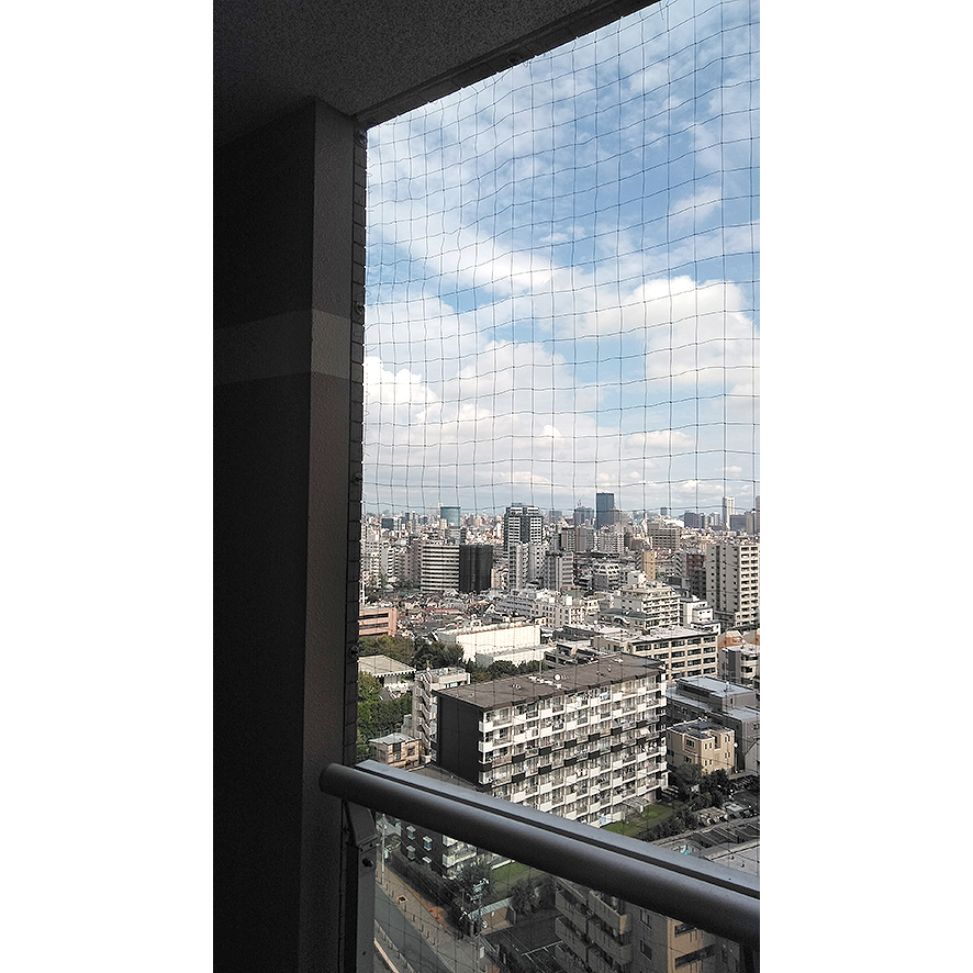 東京都新宿区　某マンションベランダ開口部に防鳥ネットピーコンネット５０を施工して鳩の侵入を防いだ。