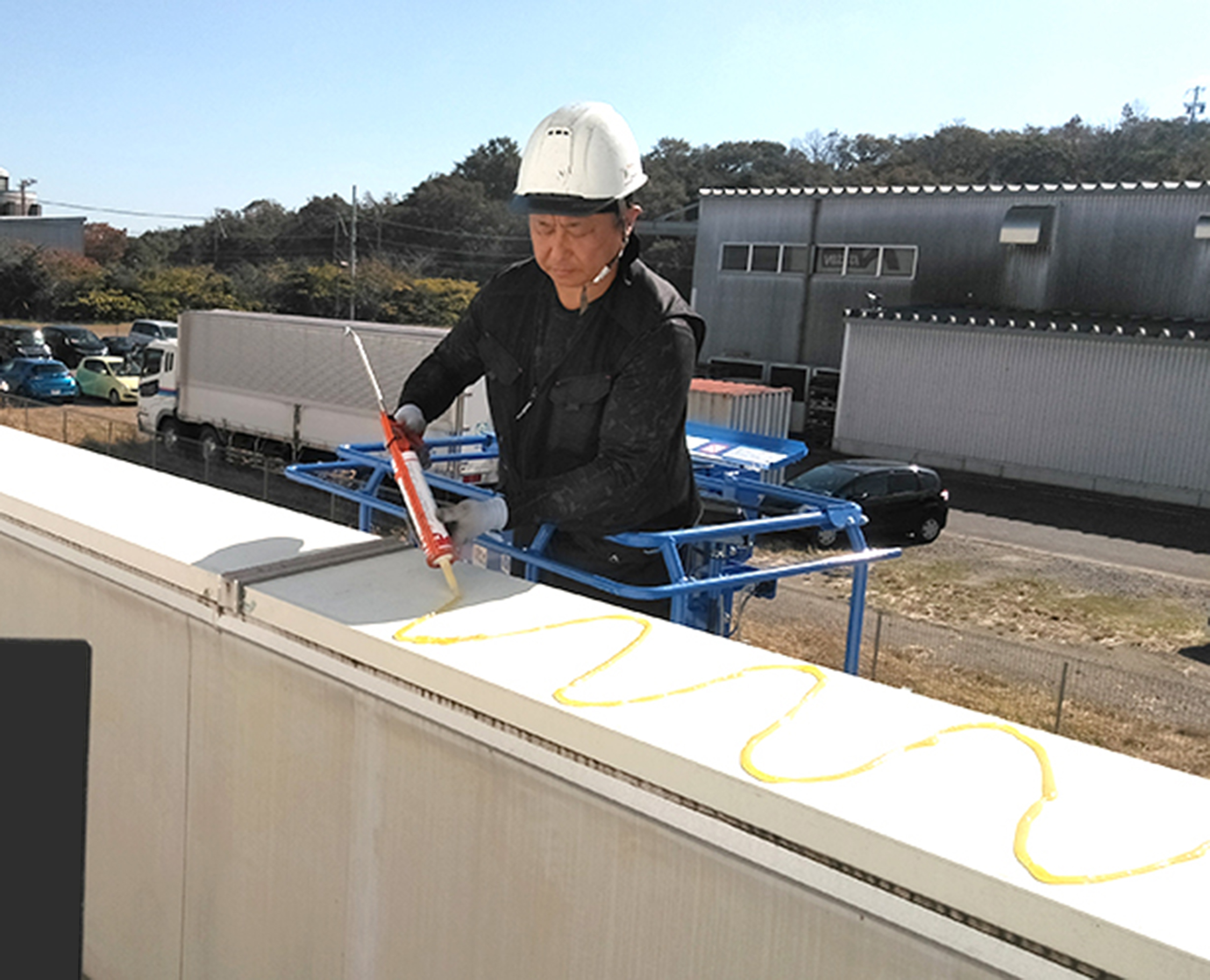 愛知県知多郡 某工場の屋上パラペット部にピーコン電気ショック、玄関ポーチ屋根パラペット部に忌避剤バードフリーを塗布し鳥の飛来・待機を抑制した